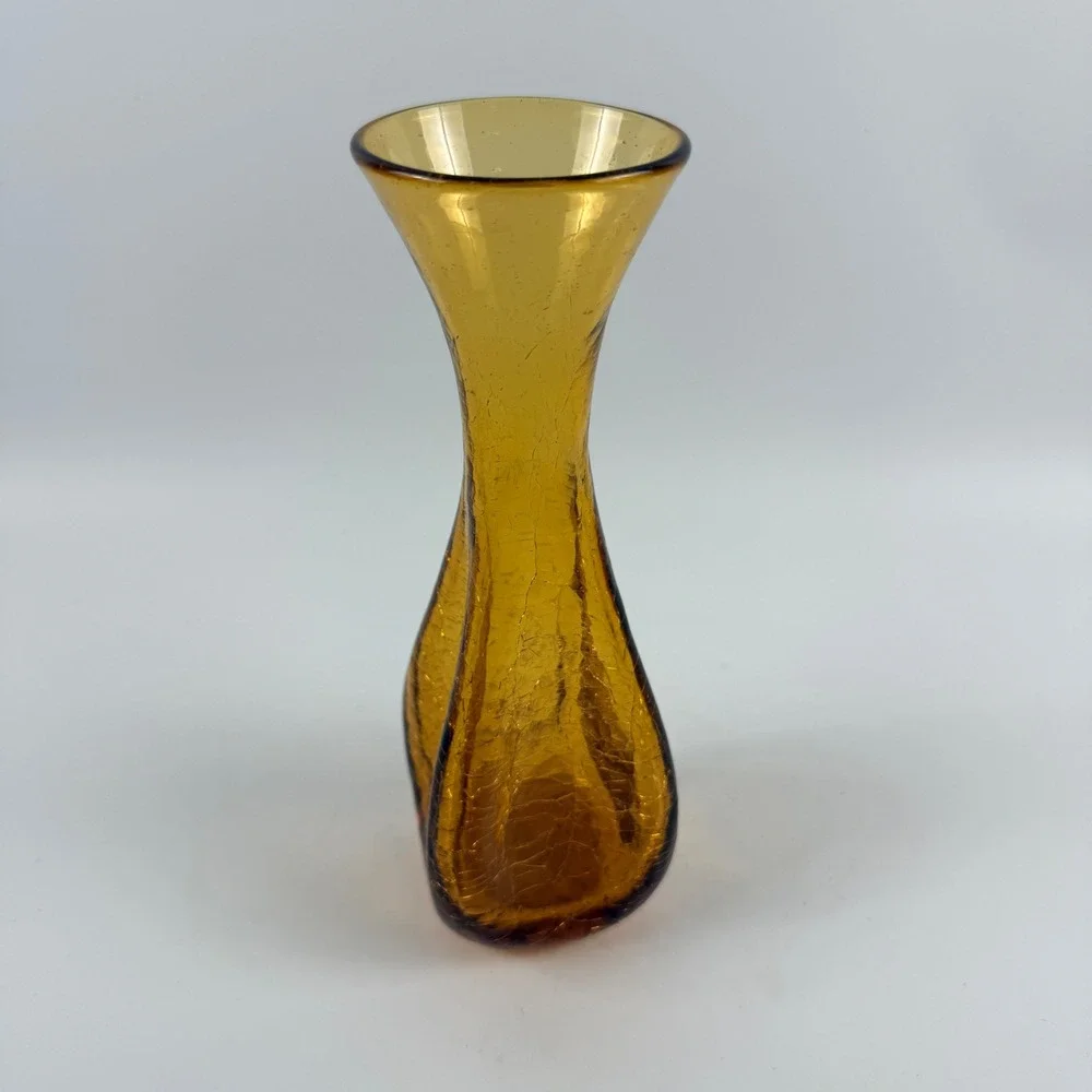 Vintage American Amber Crackle Art Glass Pinched Optic Vase Mid‎ Century
